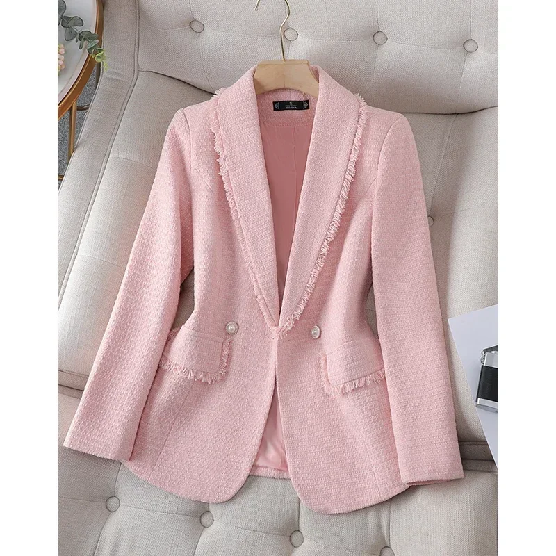 2024 Fashion Pink Blazers for Women Office Ladies Long Sleeve Lapel Solid Jacket Women Chic Vintage Burr Slim Coats