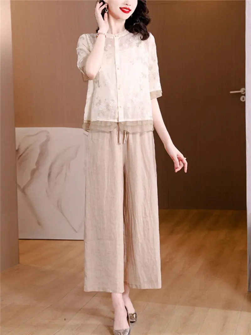 Summer Large Size Ramie Fashion Suitt Spliced Embroidered Shirt High Waist Trousers Wide Leg Pants Cotton Linen 2 Piece Set D004