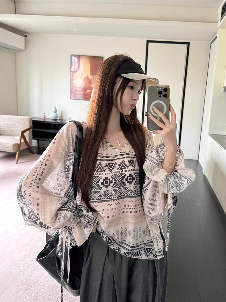 

Korobov Summer Korean Casual Loose V Neck Long sleeve Paisley Print Geometric Drawstring Pullover Women Blouse