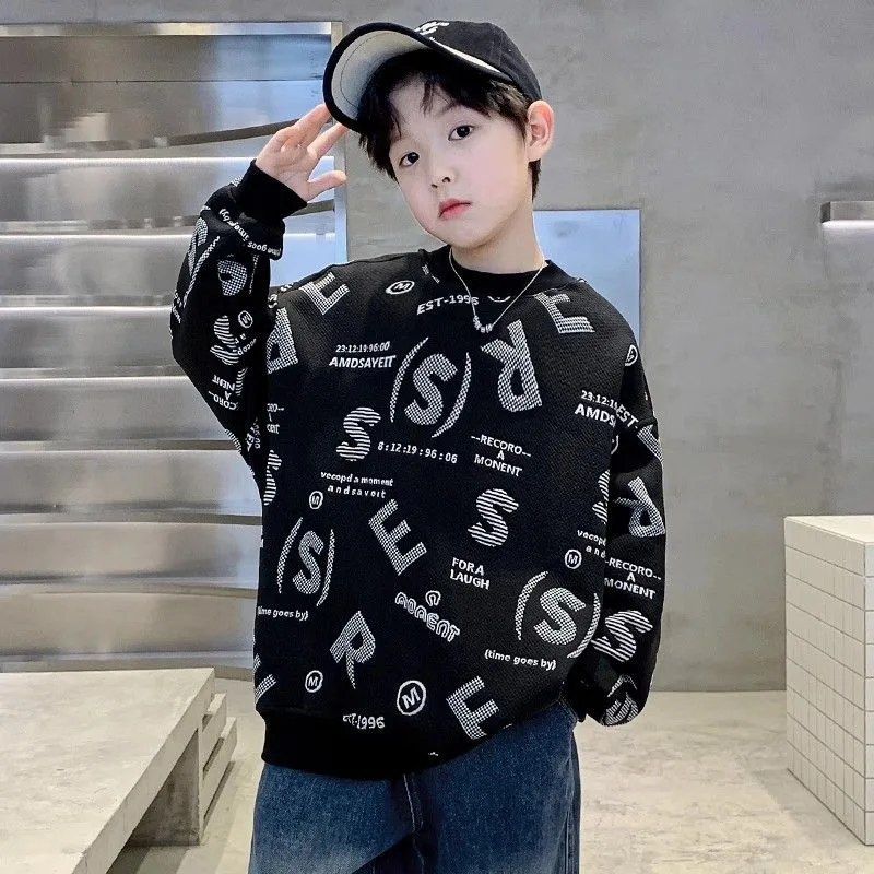 Trendy Printed Boys Sweatshirts Hoodies Autumn Graffiti Long Sleeved T-shirt Cotton Sportswear Kids Clothes O Neck Top 6 7 8 9