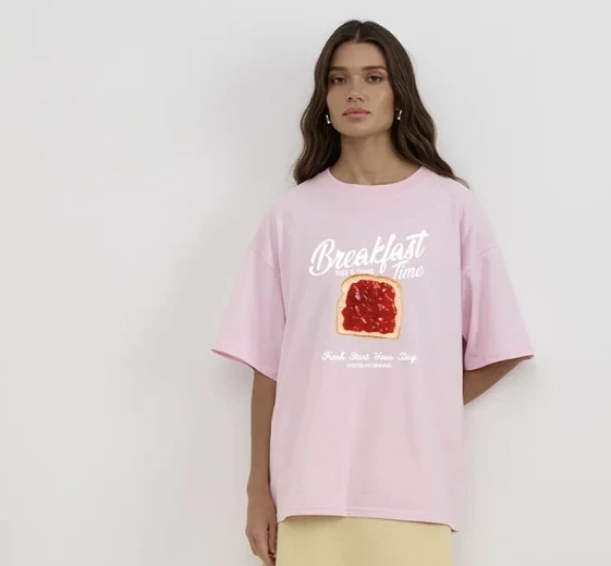 American Style Casual Printed T-Shirt Short Sleeve Pink Women's Top Cotton Sweat Absorbent round Neck Regular Fit Summer New