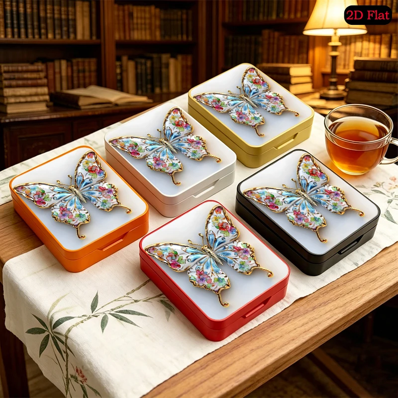 Floral Butterfly Brooch Theme Decorative Desktop Tin Box, UV Printed Flip Top Tinplate Box, Portable Anti-rust Square Tin Box