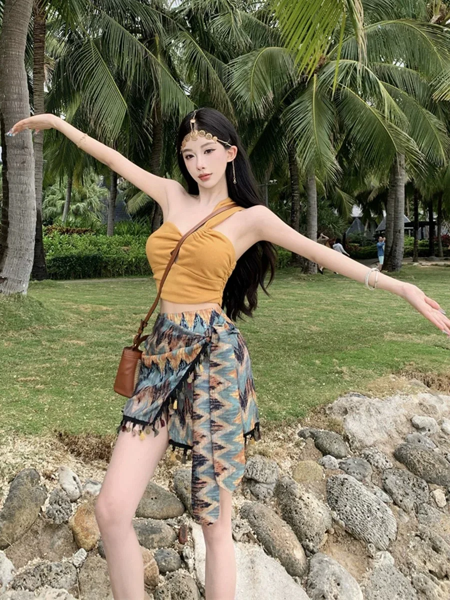 Lady Korea Boheemse Toprok 2-delige set Outfit Pak Zomer Vrouwelijke Strandvakantie Een Schouder Top Hip Split Lint Rok Set