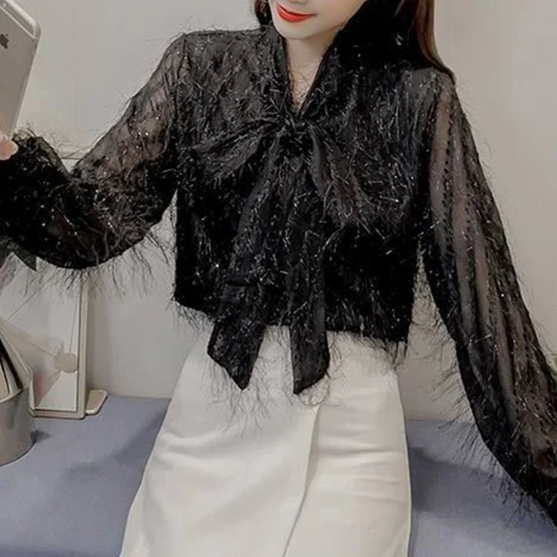 Autumn Shirt Office Lady Solid Color Chic Shirt Women Stylish Aesthetic Solid Color Drawstring Bright Silk Lantern Sleeve Top