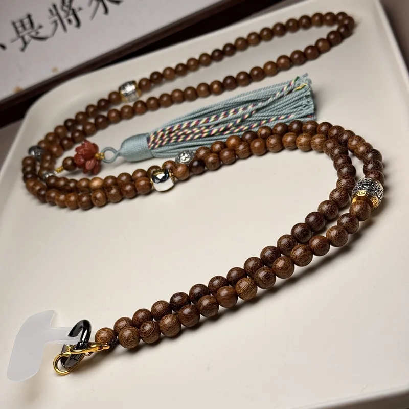 Golden sandalwood phone crossbody -purpose Bodhi prayer beads artistic back chain necklace multi-layer hang