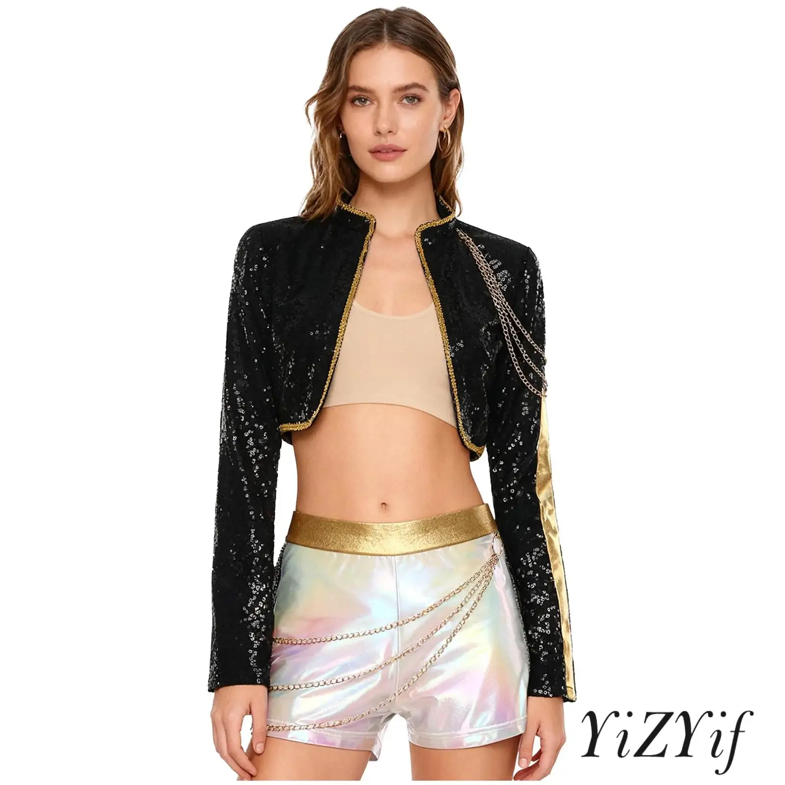 

Womens Hip-hop Singer Jazz Dance Outfit Metal Chain Open Front Sequined Cardigan+Metallic Shiny Shorts for Halloween Raves Party