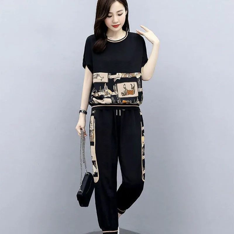 Summer Large Size Sets Women Short Sleeve Tshirts+ Pants Two-piece Sets Fashion Casual Female Sportswear Suit Printed Set