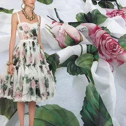 New Italian brand rose digital printing imitation silk chiffon dress fabric cloth logo printing design sewing garment material