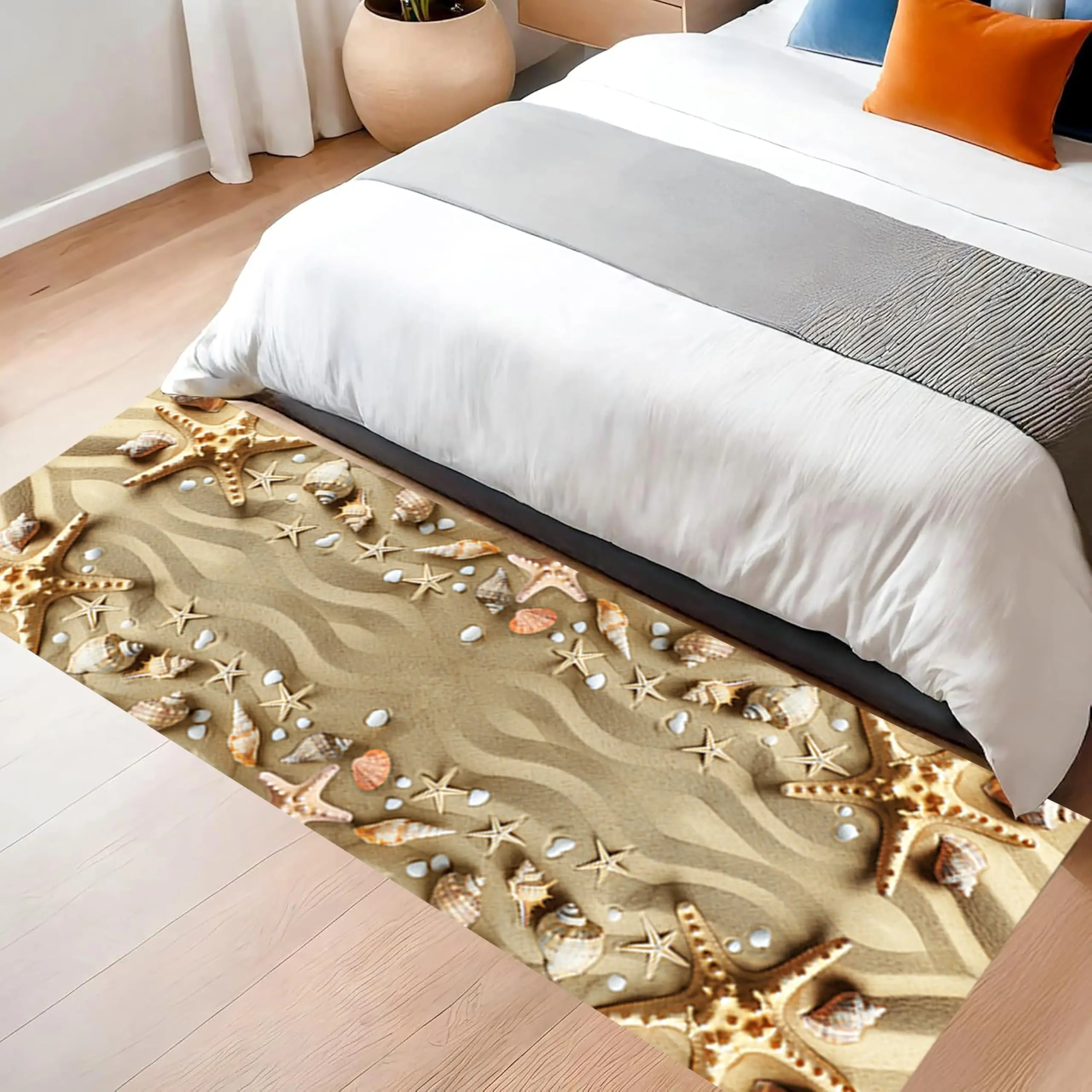 Coastal Nautical Long Rug Sea Shell Starfish Area Mat Vintage Golden Sand Pebble Corridor Hallway Bedroom Bedside Decor Carpet
