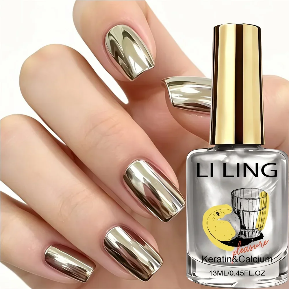 Metallic Mirror Silver Polish, Air-Dry, Quick-Dry, One Coat No Trace, Mirror-Reflective, with Keratin, Salon-Grade DIY.