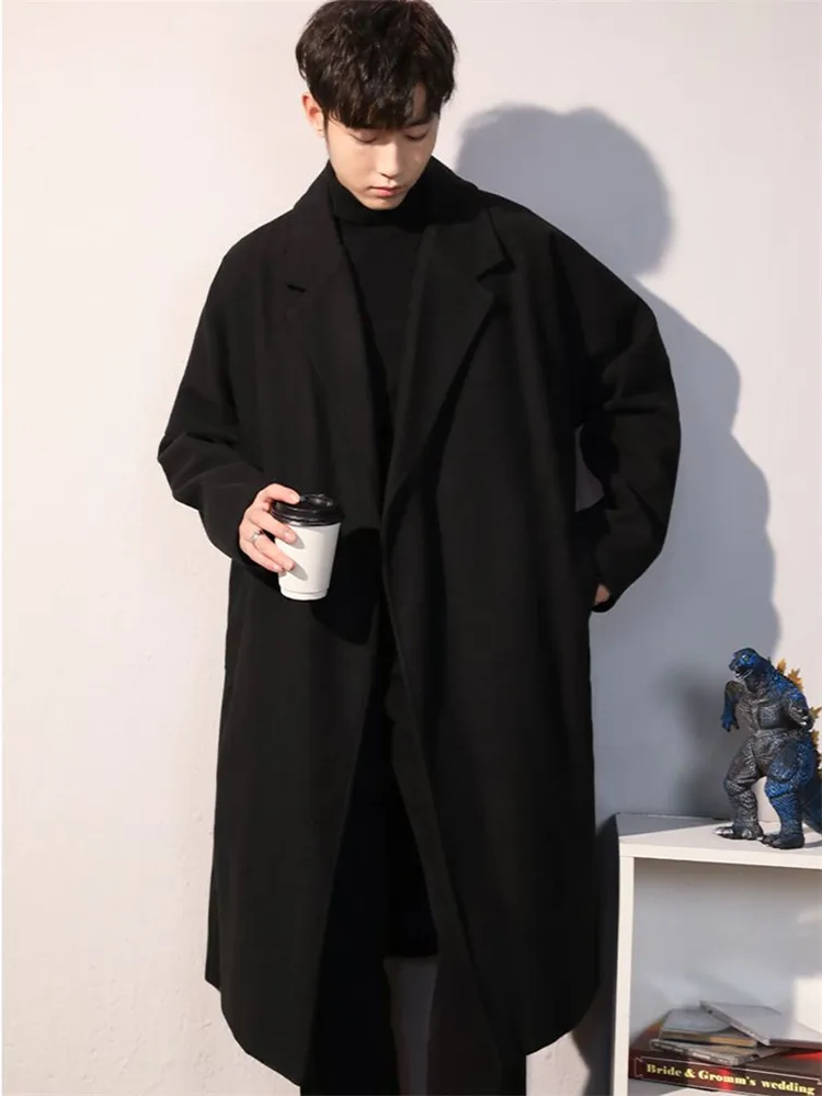 Spring and Autumn Woolen Coat Men's Clothing Solid Color Medium Long Trench Coat Lapel Strap Pocket Loose Top A019