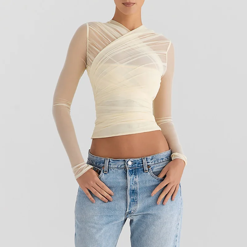 Seksowna koszulka damska z długim rękawem 2024 New Casual V Neck Zipper Layered Skinny Club Party Skinny Pullover Crop Tops