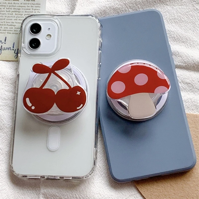 Cute Cartoon Mushroom Cherry For Magsafe Magnetic Phone Griptok Phone Holder Stand Universal Phone Ring Grip Tok For iPhone 15