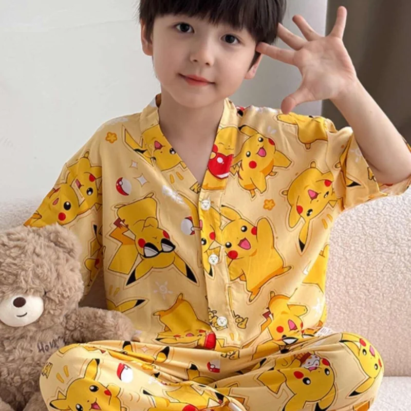 

2026 New Pikachu Print Pajamas Set Summer Thin Blend Button Up Short Sleeve Long Pants Home Air Conditioned Loungewear