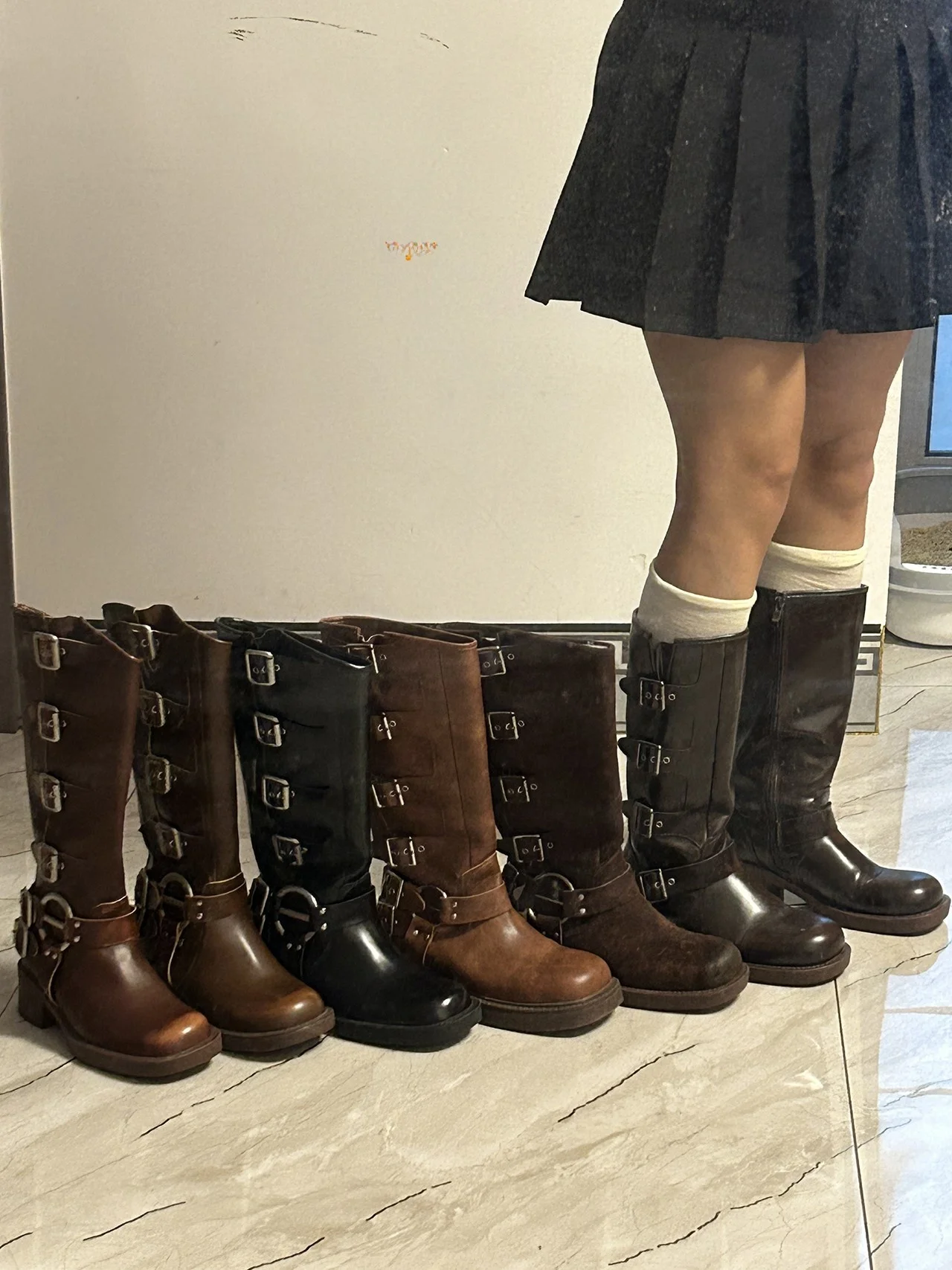 Genuine Leather High-Top Boots Square Head Knight Boots Women's Brown Western Cowboy Shoes Fashionable Belt Buckle Design