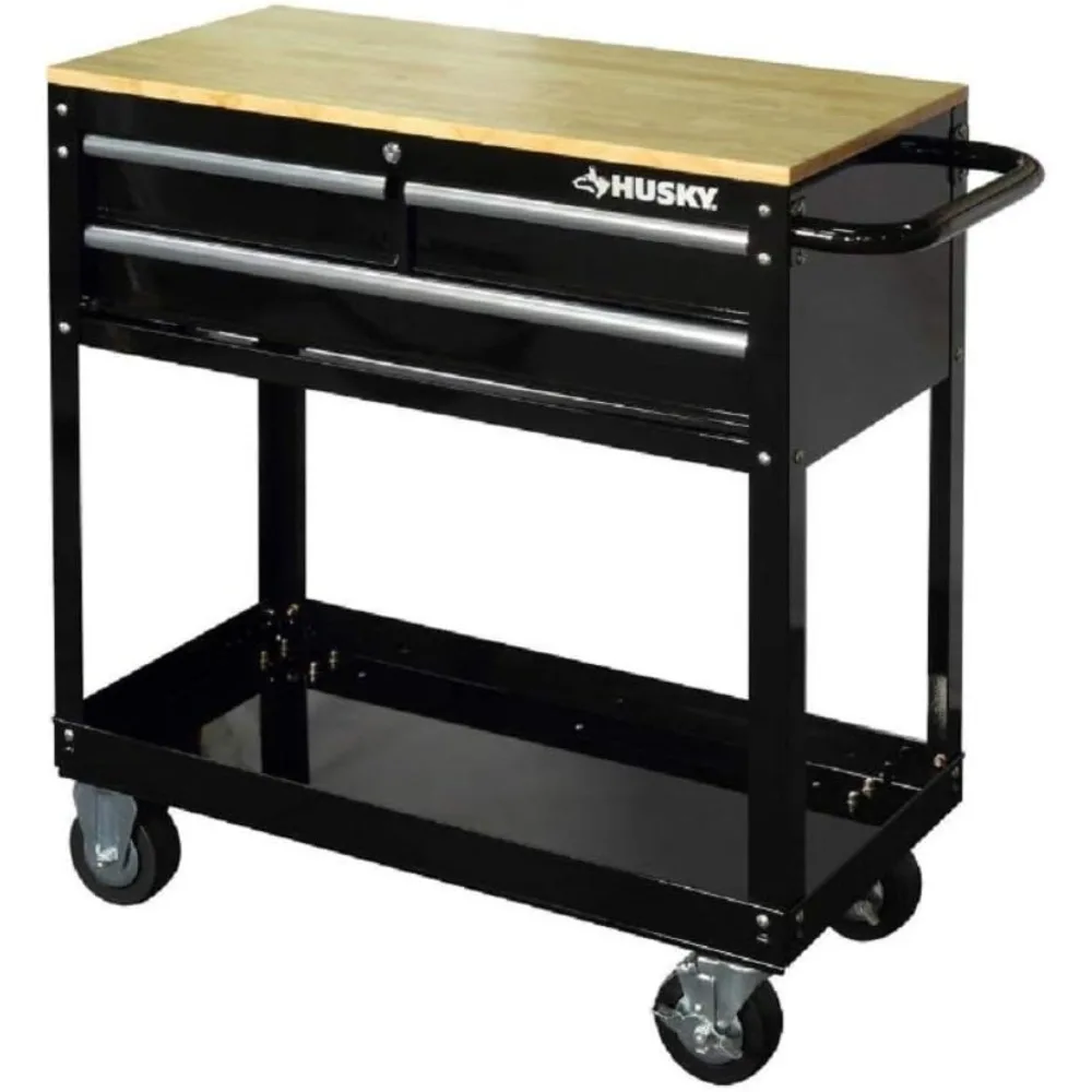 

36 in. 3-Drawer Rolling Tool Cart with Wood Top, Black