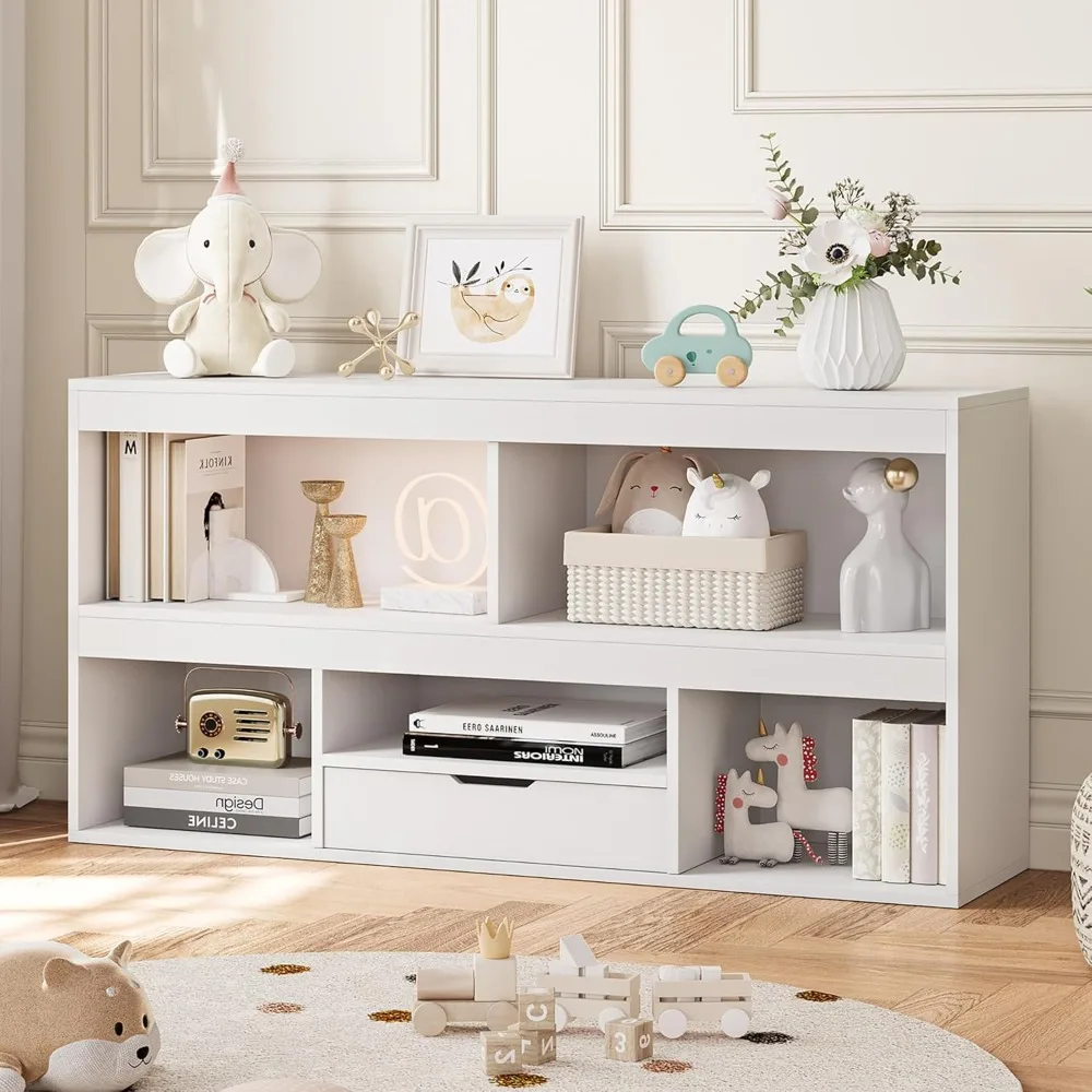 

Kids Bookshelf with Drawer Wooden Toy Storage Organizer Nursery Bookcase Playhouse Storage Shelves White Book Shelf