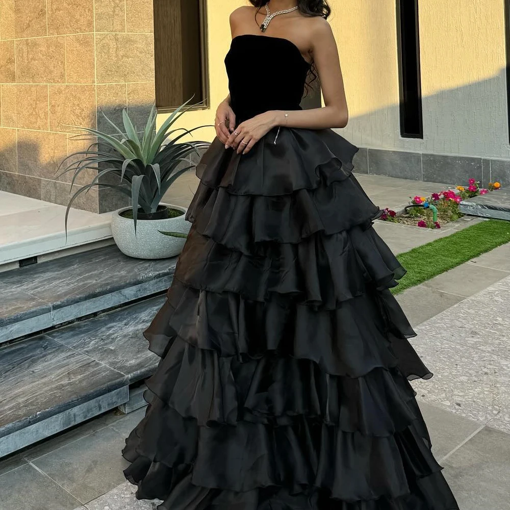 

Sleeveless Strapless Organza Floor Length A-Line Evening Dress Panel Train Tiered High Quality Solid Color Saudi Arabia 2024