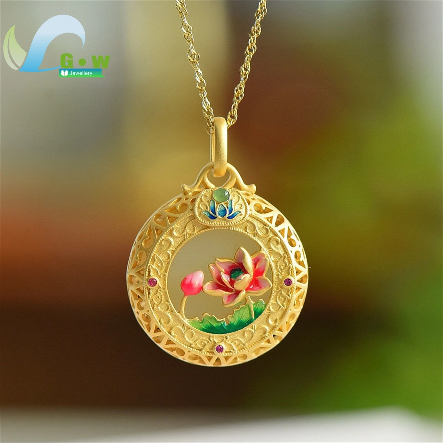 

Handmade Hetian Jade Cloisonné Enamel Necklace Vintage Filigree Hollow Lotus Pendant Ethnic Style Natural Stone Jewelry Gift