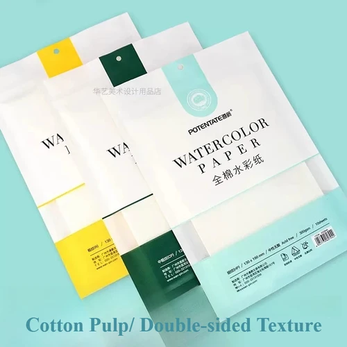 Imagen 2 del producto Papel de acuarela de algodón POTENTATE en bolsa, papel de arte profesional prensado en caliente/prensado en frío/bruto, papel de dibujo de 300G para estudiantes
