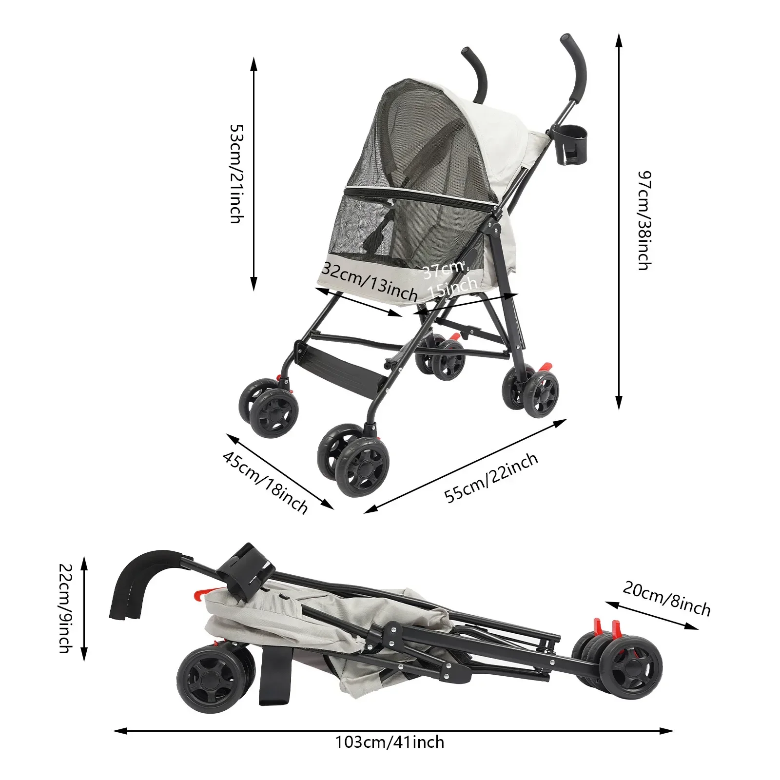 All-Weather Pet Dog Stroller with Rain Canopy, Cup Holder, Rear Pocket, 4 Wheels - Gray