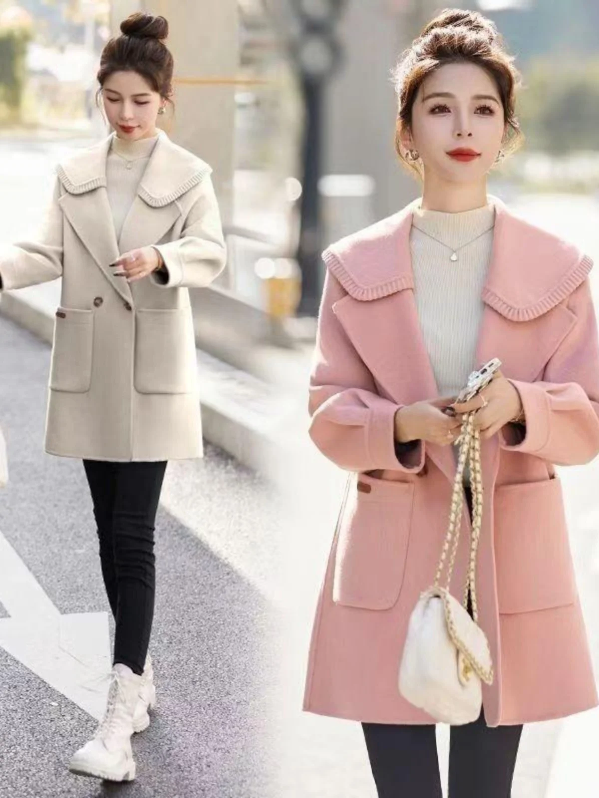 

Wool Blend Coats Womens Woolen Coat Fabric Fall Polyester Plaid Buttoned Sashes Flared Lantern Sleeve Cropped Double-Layer Thick