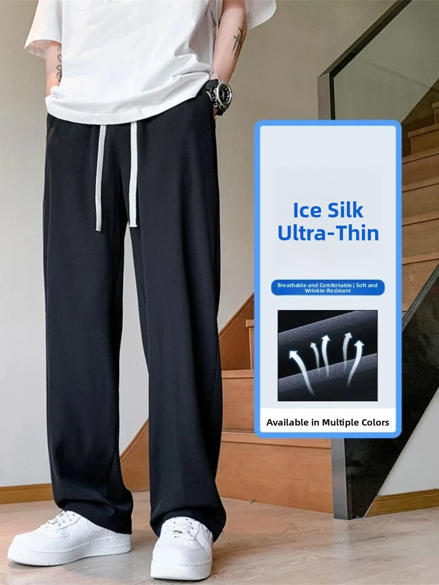 กางเกงขายาวลำลองทรงตรงผ้าไอซ์ซิลค์บางเบา ยืดหยุ่น ใส่สบาย ไซส์ใหญ่สำหรับผู้ชาย วัยรุ่น ออกกำลังกาย