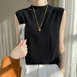 Women's Sleeveless High-quality 100% Wool Knitted Vest Summer New Semi High Neck Knitted Seamless Soft Solid Color Vest NJR411