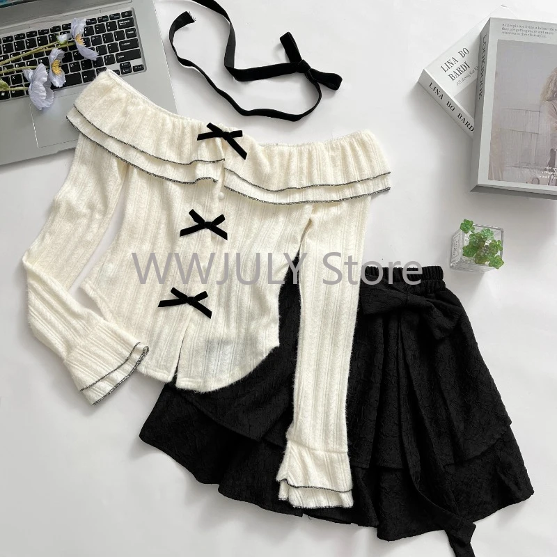 Woman Sweet Kawaii 2 Piece Set Casual Bow Crop Tops + Y2k E-girls Slim Mini Skirt Cute Korean Fashion Suit Design 2024 New