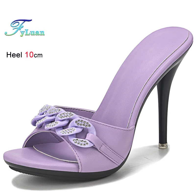 

Size 35-43 Summer Female Shoes 10CM High Heels Slides Chain Style Slippers For Women Mules Luxury Rhinestone Thin Heeled Sandals