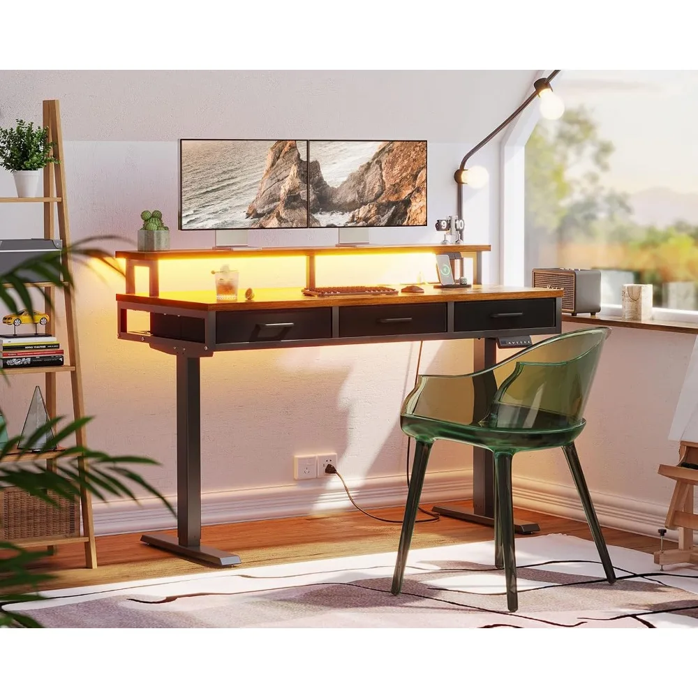 

Electric Standing Desk with Drawers, 55 Inch Height Adjustable Desk with Power Outlets & LED Lights, Sit Stand Table