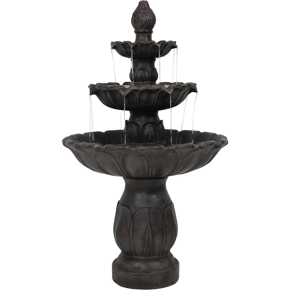 46-Inch 3-Tier Polystone Outdoor Water Fountain, Electric Submersible Fountains, Dark Brown, Waterfall Fountain