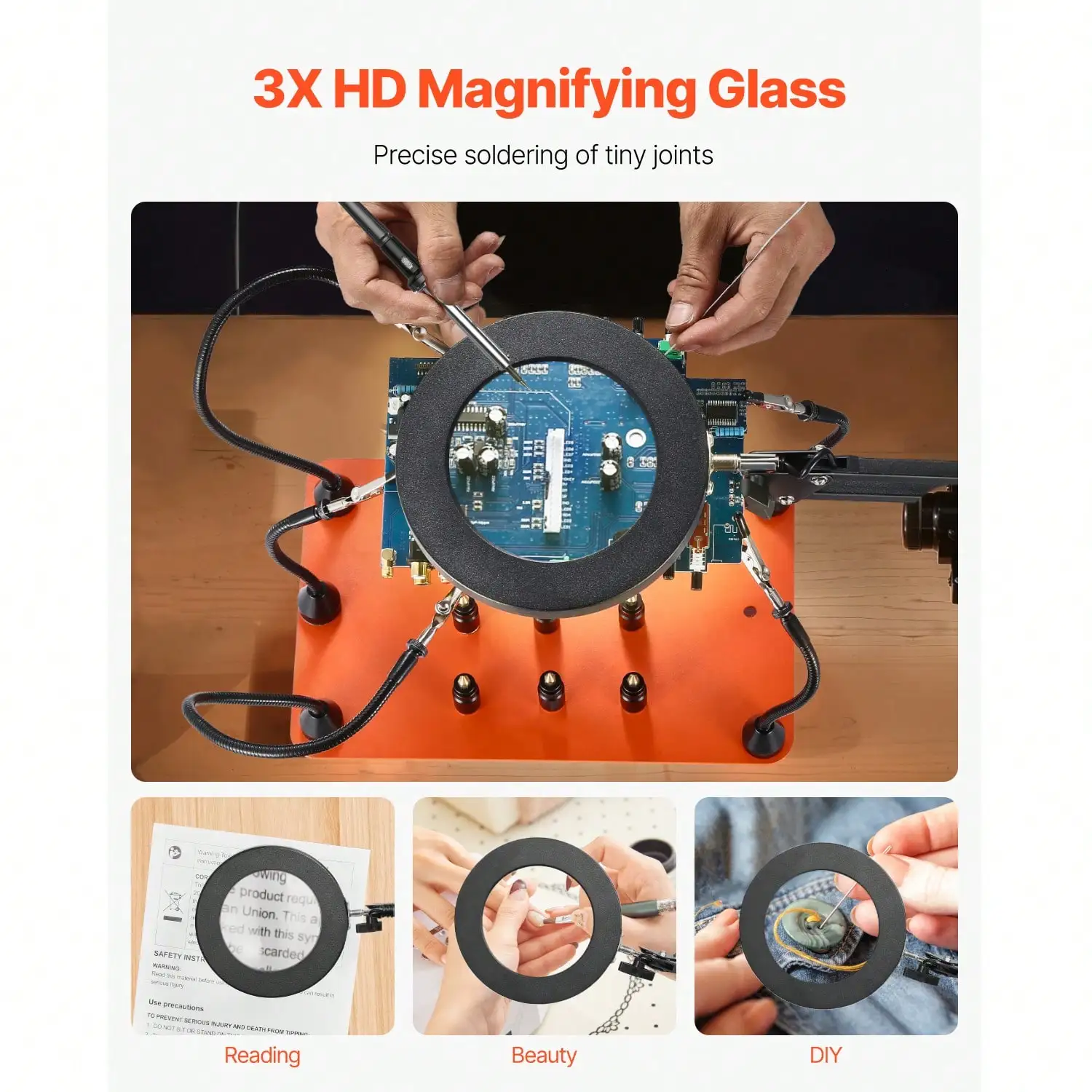 Magnetic Helping Hands Soldering Station, 2-In-1 Third Hand Soldering Tool - 3X LED Magnifying Lamp & 5 Flexible Arms, 6 PCB Holders, Heavy-Duty Base Station For Electronic Repair Craft Hobby
