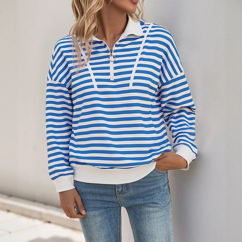 Women Striped Pullover Hoodie Loose Long Sleeve Autumn Winter Casual Zipper Polo Collar Sweatshirt