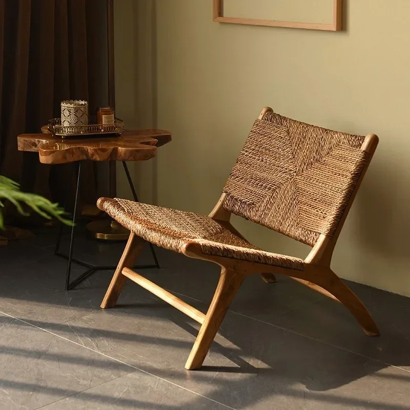 

Puffs Asiento Single Sofa Chair Modern Leisure Solid Wood Backrest Balcony B&B Log Wabi Sabi Style Living Room Leisure Chair