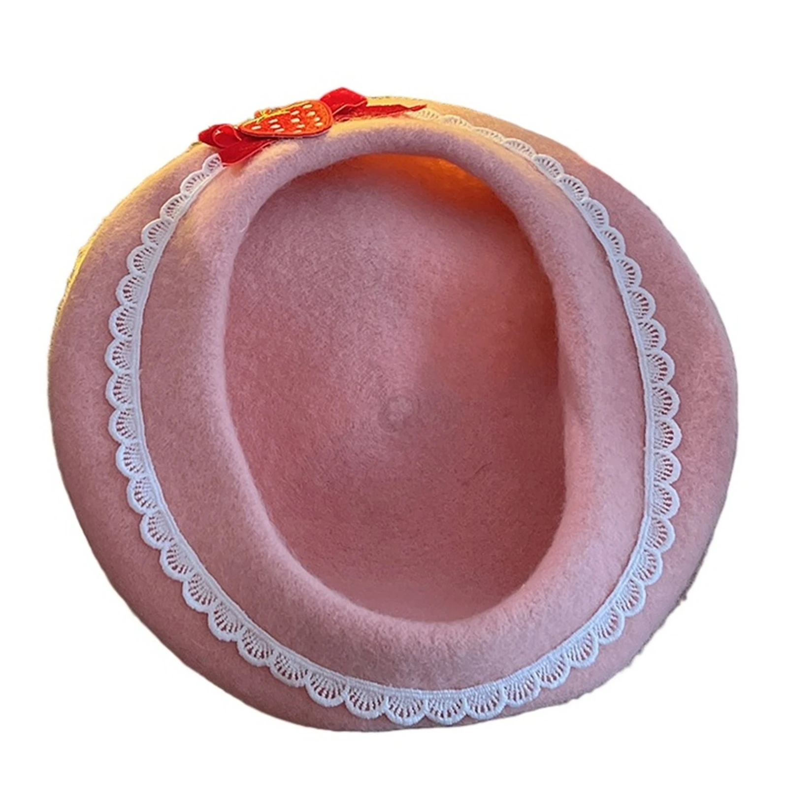 Boina rosa para niña, sombrero de lana de fresa con lazo de Anime para mujer, gorro de pintor dulce cálido para invierno, accesorios de Cosplay para Halloween