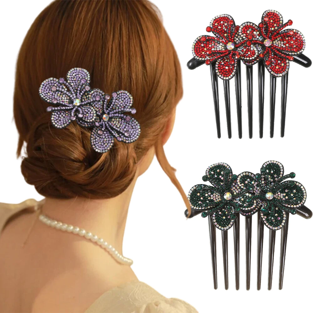 

Women Crystal Flower Hair Combs Clip Shiny Rhinestone Hairpin Hair Updo Bun Clip Holding Toosl Ponytail Hair Accessories