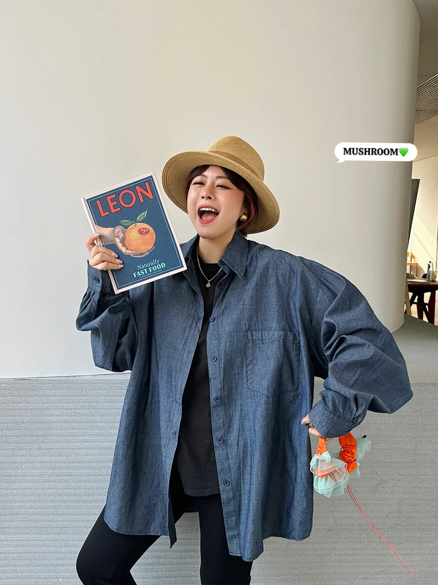 

Женская повседневная джинсовая рубашка Miss Mushroom Head 2026: новая коллекция, ретро-стиль, универсальная, модная, светло- и темно-синяя, из выстиранного денима