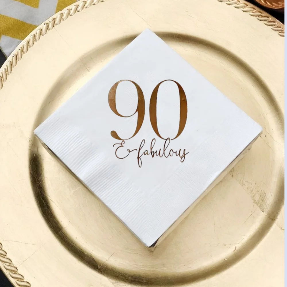 

90 & Fabulous Cocktail Napkins - Gold Foil， Napkins,Personalization Birthday Party， Anniversary，Hangover Beverage Paper Napkins,