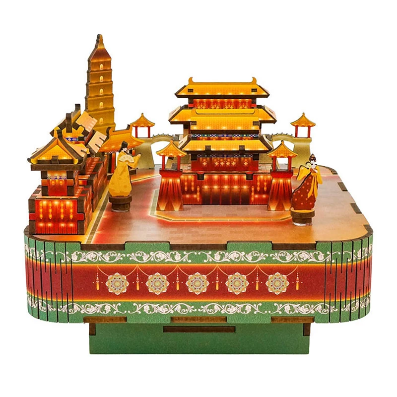 

DIY 3D Wooden Dream to Tang Dynasty Music Box Miniature Model Kits Jigsaw Puzzles Can Move for Children Gifts Home Decoration