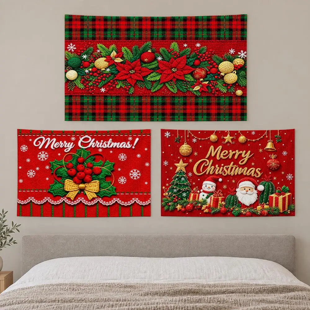 Vintage Xmas Knit Art Tapestry Custom Living Bedroom Party Dormitory Interior Wall Bohemian Decoration Attached Clip