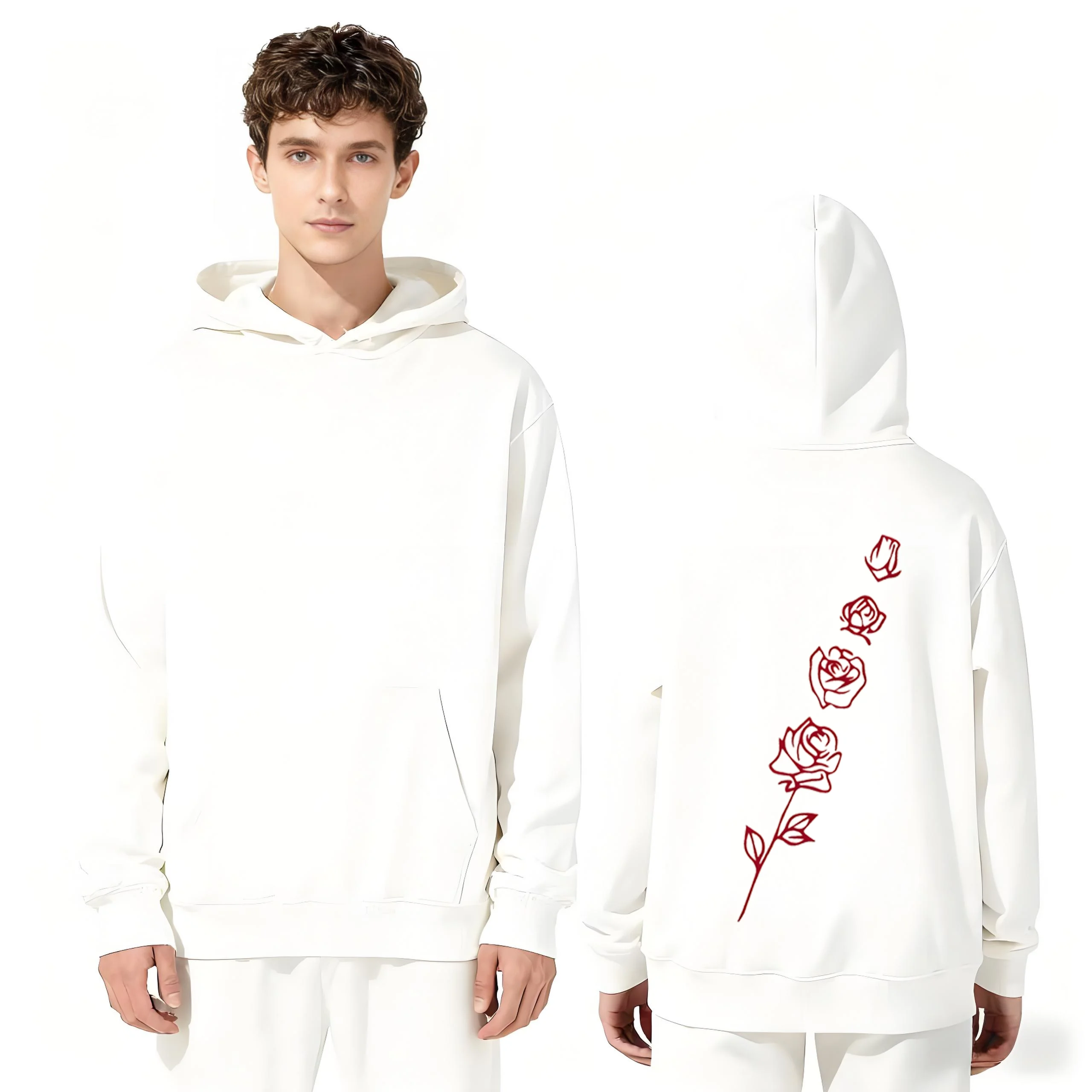 

2025 Новая мода 330 г/м2, тяжелая толстовка с капюшоном, белая, красная роза с цветочным принтом на спине, удобная толстовка унисекс