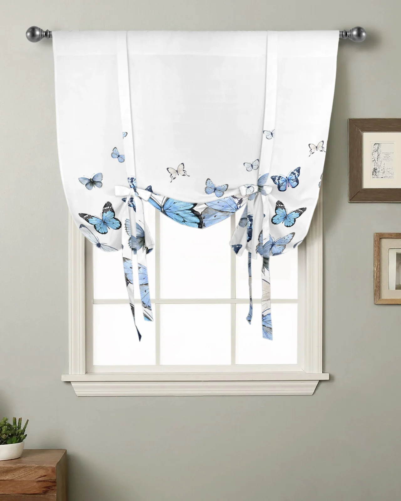 

Pastoral Butterfly Gradient Kitchen Short Window Curtain Rod Pocket Curtains Home Decor Room Small Window Roman Tie Up Curtains