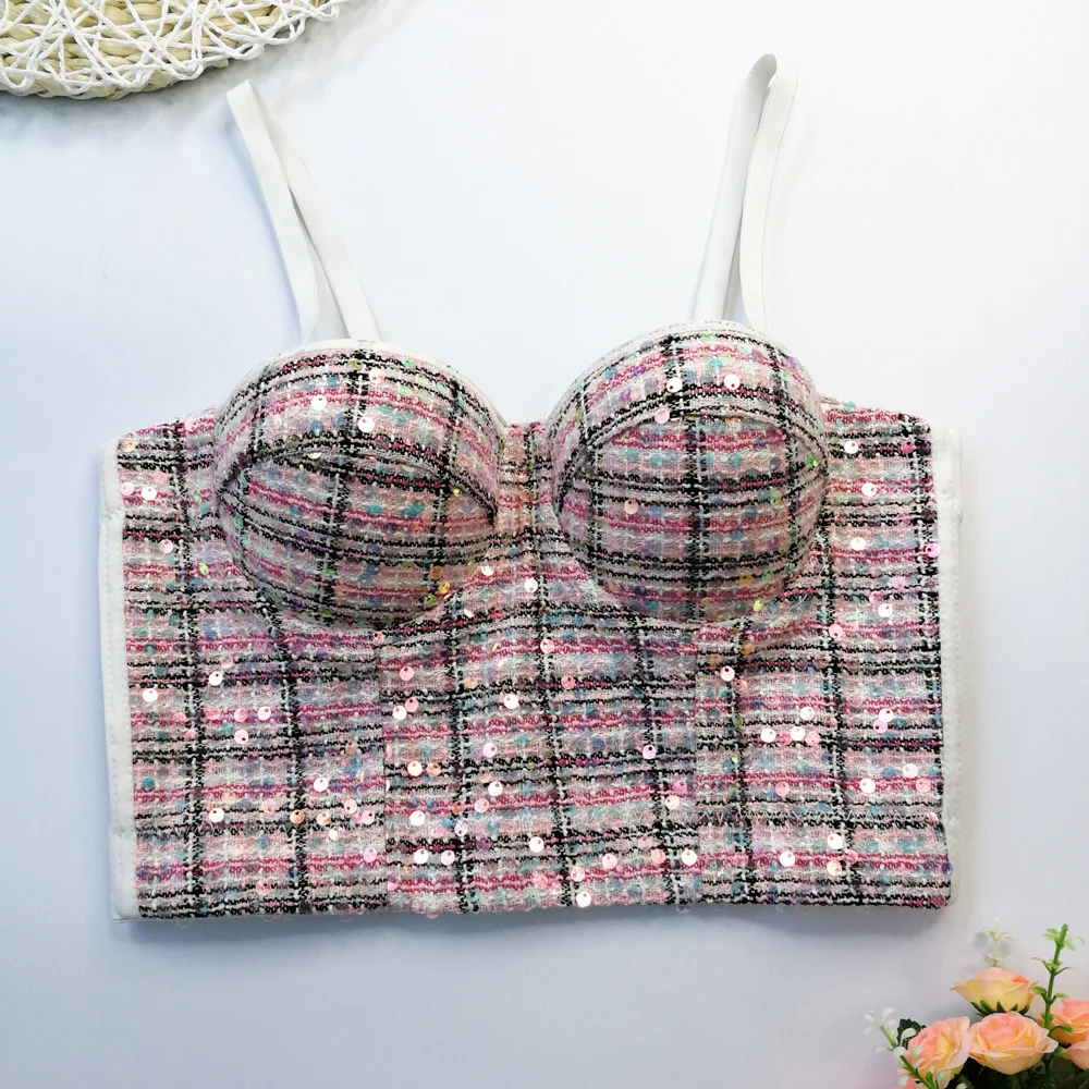 Spring Summer New Tweed Plaid Camisole Women Wear Xiaoxiangfeng Woolen Sequined Top Crop Tops