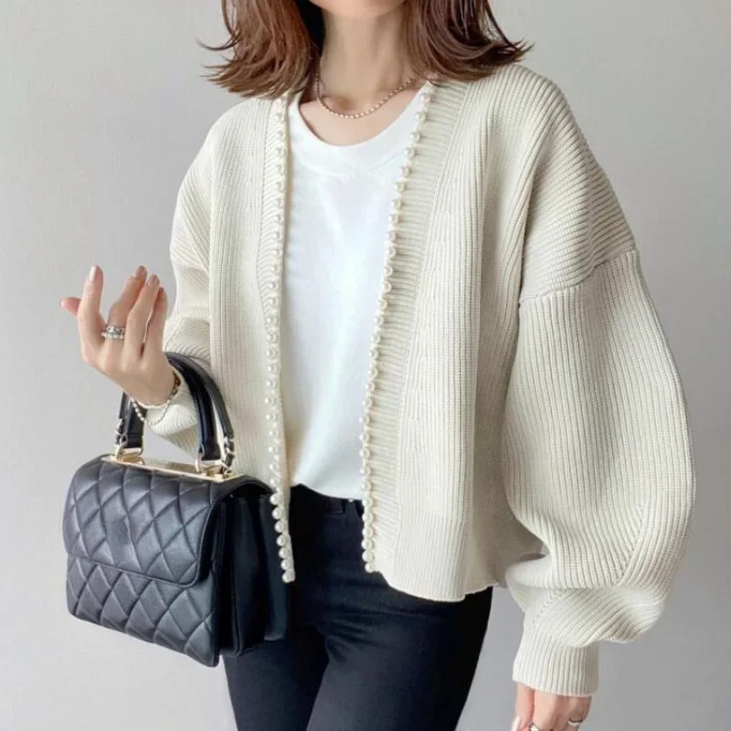 V Neck Long Sleeve Cardigan Femme Chic Exquisite Pearl Patchwork Sweaters Spring Winter Clothes Women Japanese Elegant Coats