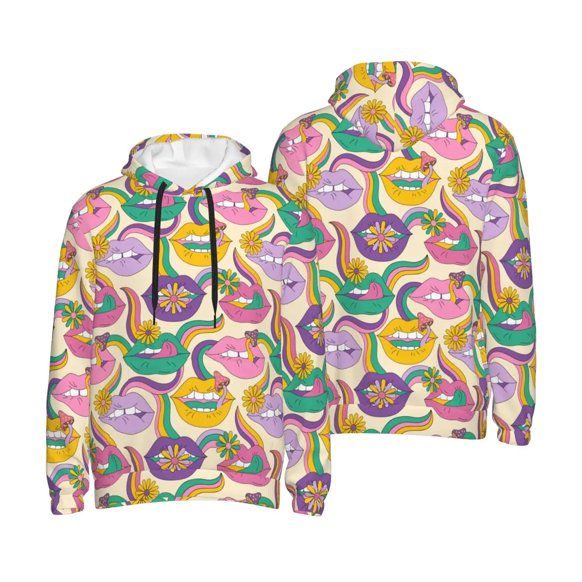 Men's Women's Psychedelic Sensual Lips Flowers Mushrooms Hoodies With Pocket Fashion 70s 80s Retro Hippie Style Sweatshirts