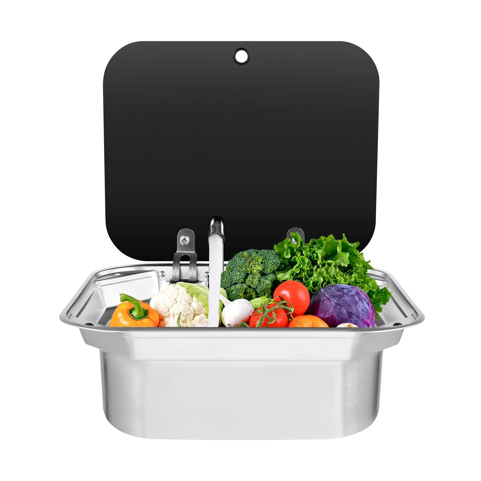 

RV Kitchen Sink Faucet Kit with Folding Faucet and Lid Drop-in Sink Stainless Steel Hand Wash Basin Camper Caravan Van Sink w/Co