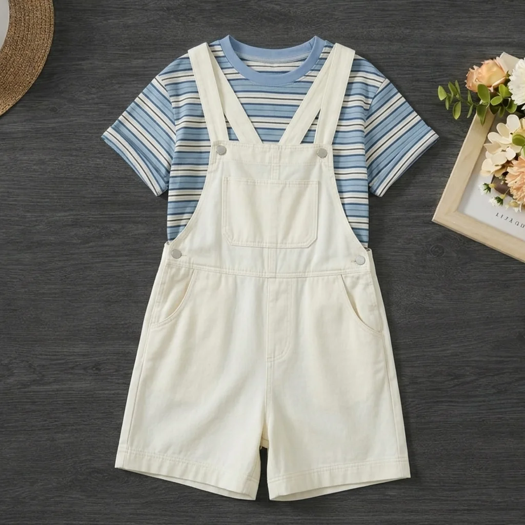 

Girls Preppy Outfits For Girls Striped Tee Overalls Shorts 2 Piece Set Back To School Casual Summer Kids Clothes 6 8 10 12 Years