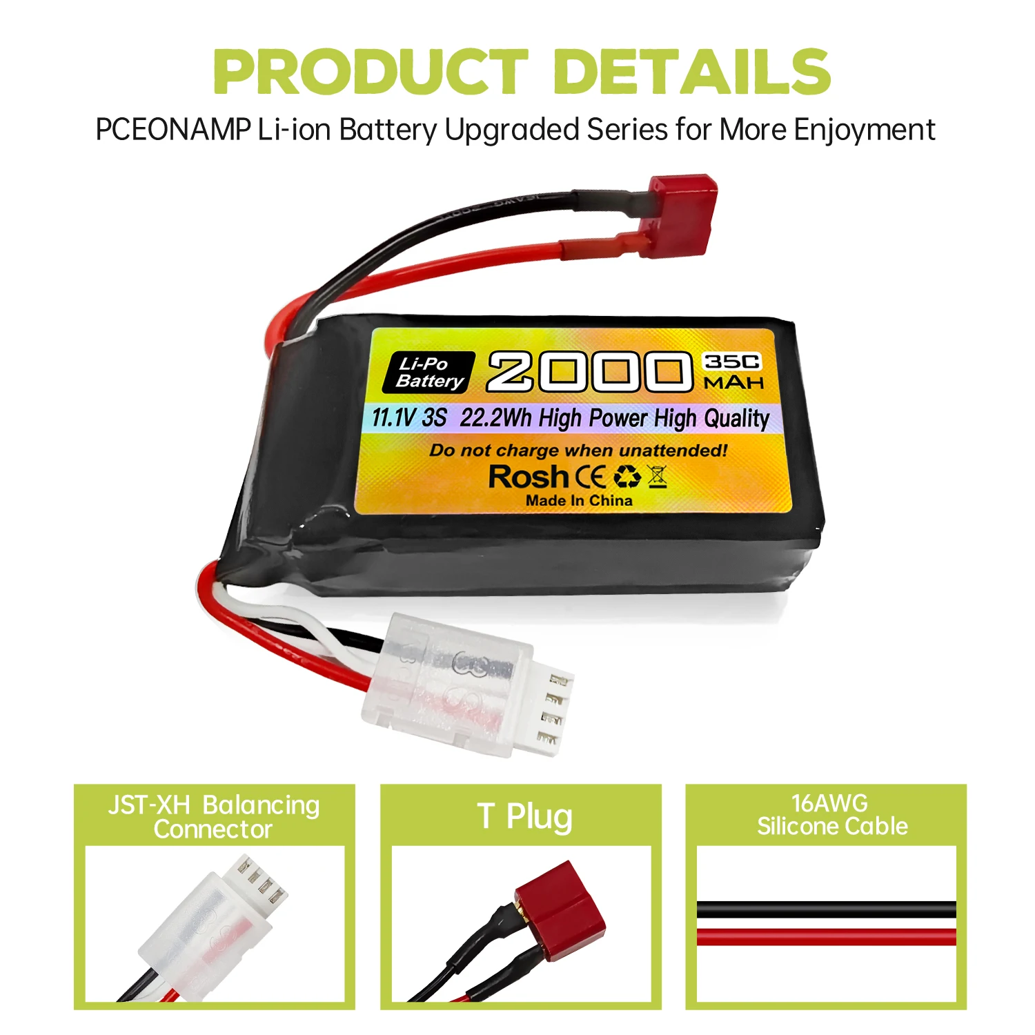 3S T-플러그 Lipo 배터리 11.1V 2000mAh 35C, RC 자동차, RC 선박, RC 드론, 쿼드콥터, FPV UAV 배터리용 USB 충전 케이블 포함