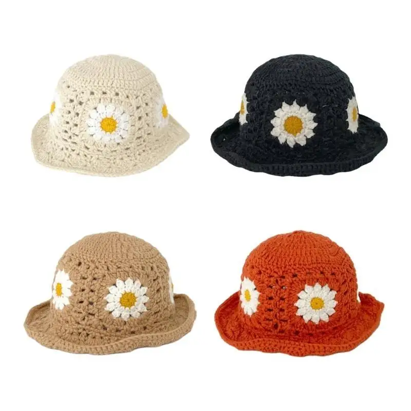 

39BD Crochet Flower Bucket Hat for Woman Breathable Multi-color Weaving Wide Brim Bucket Hat Adult Teens Summer Fisherman Cap